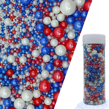 Edible Red & Blue & White Sugar Pearls Sprinkles Candy Mix Size Pearls Cake Decorations Cupcake Toppers Decorating Perfect for W