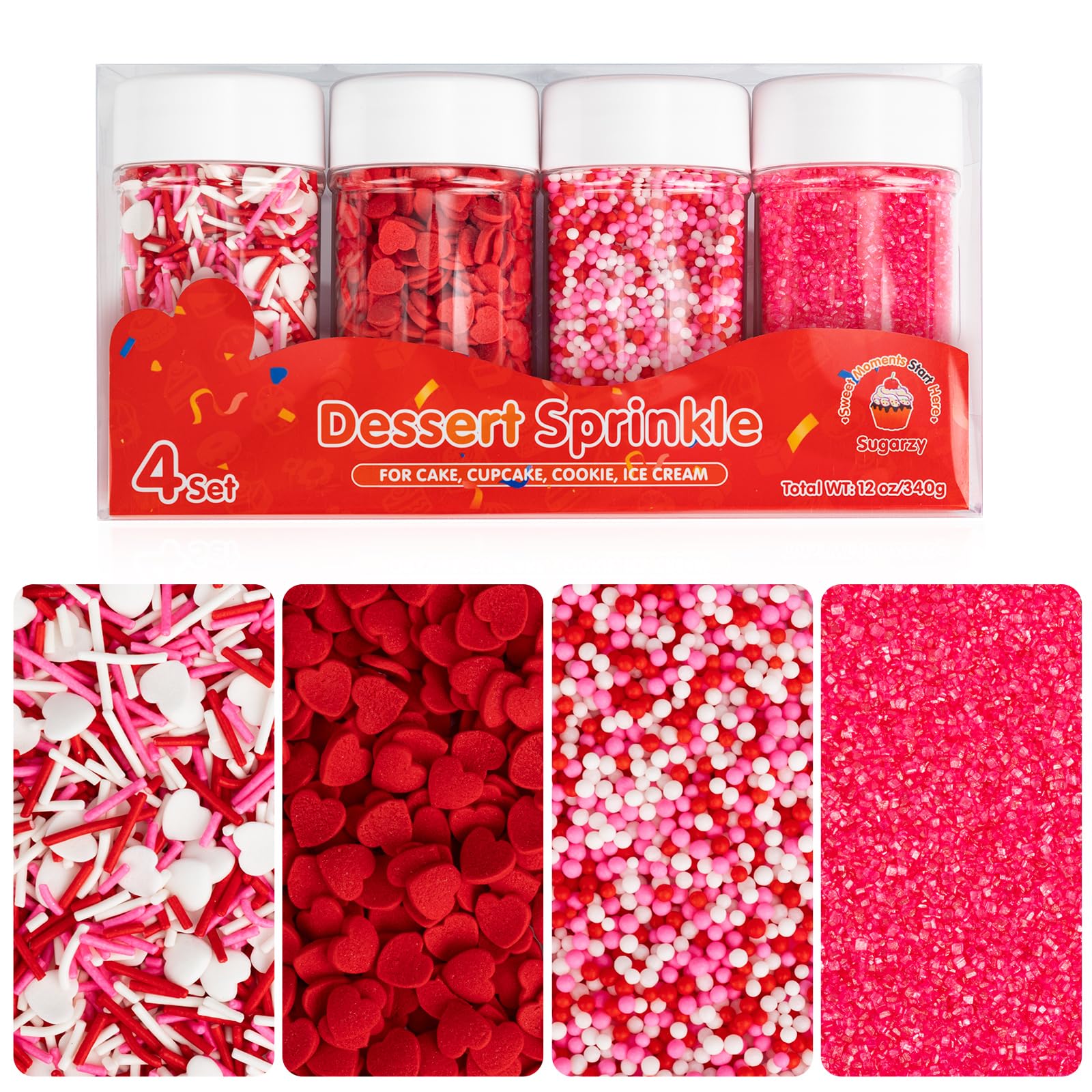 Valentine Red Heart Sprinkles,Edible Pink White Heart Shaped Sprinkle,Valentine Nonpareils,Sanding Sugar and Pearl for Decoratin