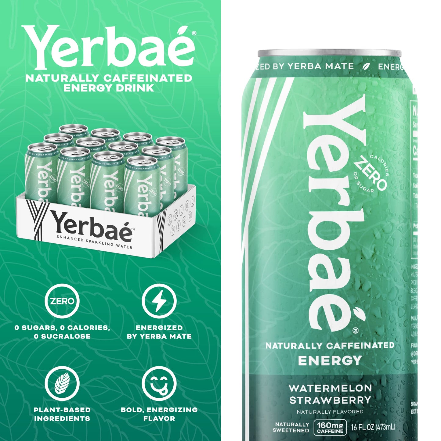 Yerbaé Watermelon Strawberry Functional Energy Drink - 0 Sugar, 0 Calories, 0 Carbs. Yerbae Is Energized By Yerba Mate, Plant-Based, Healthy Alternative To Sugary Energy Drinks, 16Oz Cans (12 Pack)