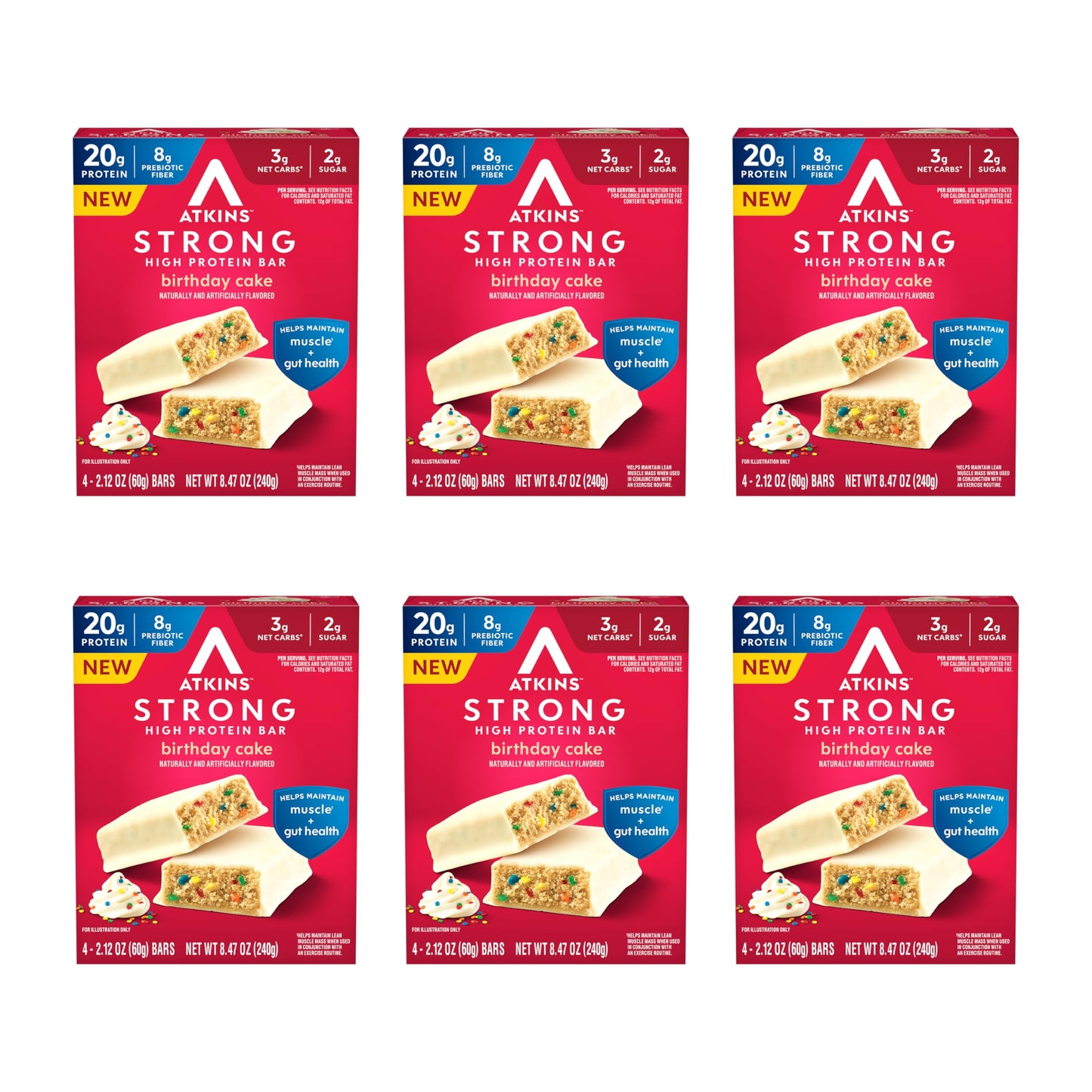 Atkins High Protein Bars, 20g Protein, 2g Sugar, Birthday Cake Flavor, 4 Count (Pack of 6)