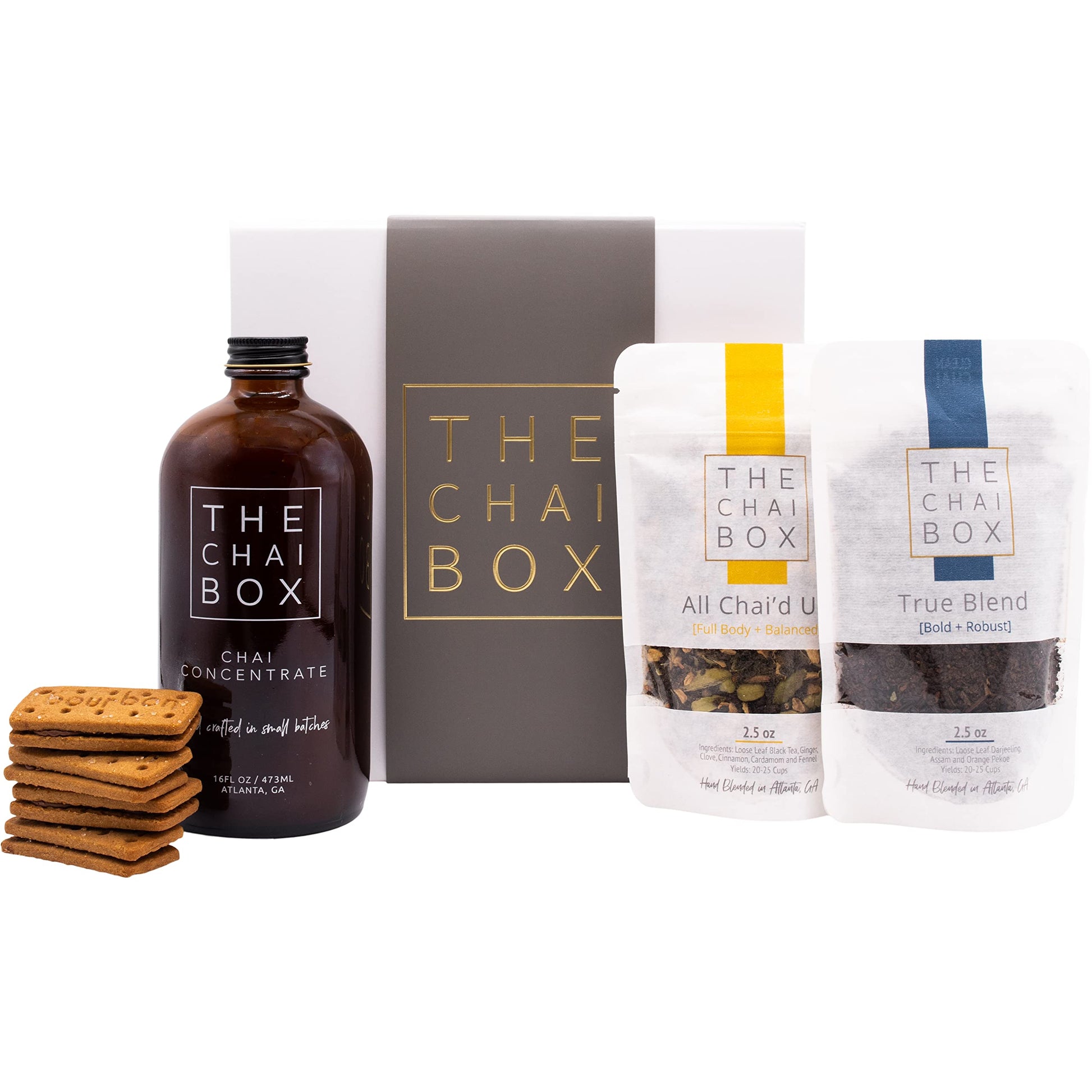 The Chai Box Chai + Biscuits Gift Set - Chai Concentrate, 2 Loose Leaf Teas, Chocolate Bourbon Biscuits, Gift Box