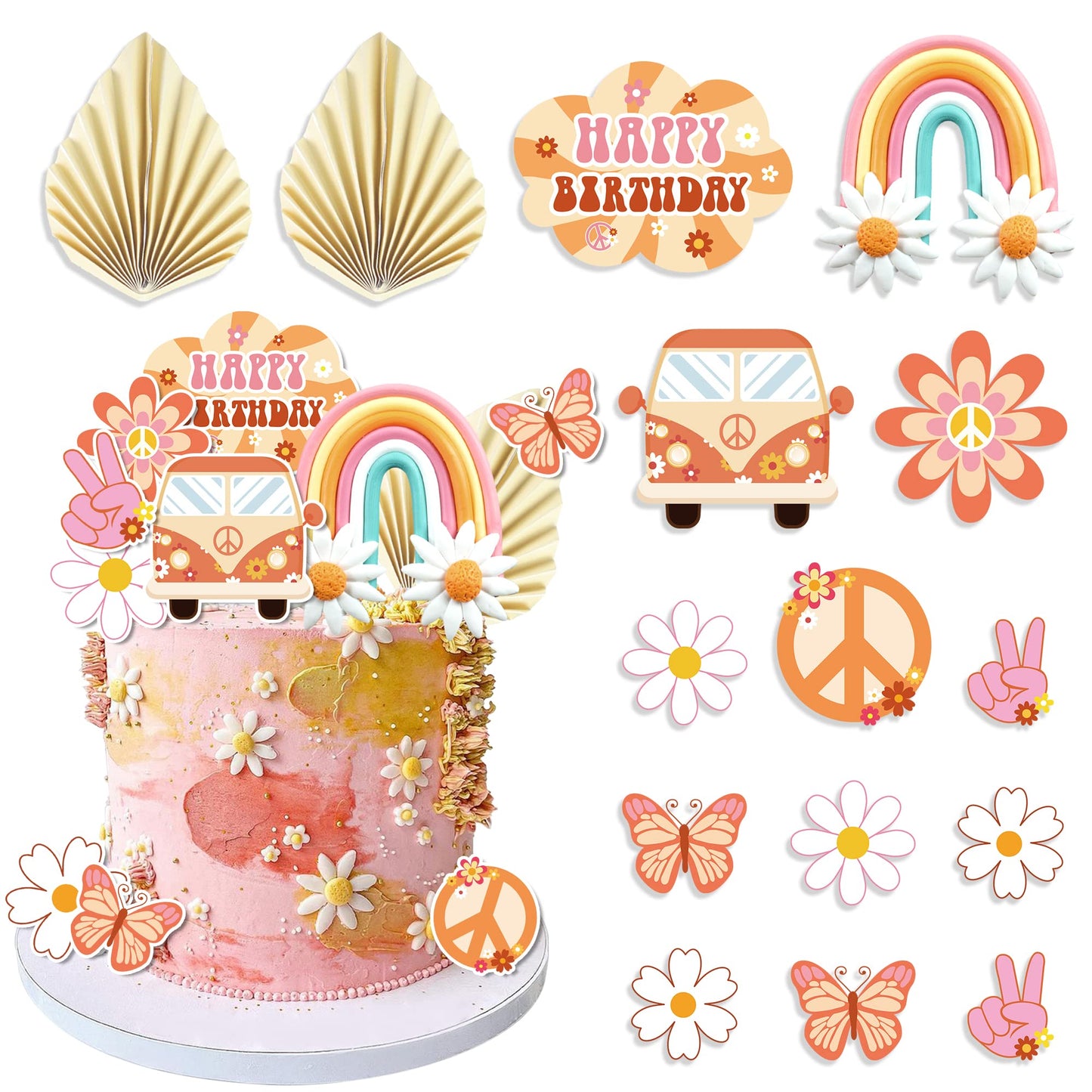 DRWATE 15 PCS Groovy Cupcake Toppers, Boho Rainbow Cake Decorations, Paper, Multicolor, Model GCMGL10009