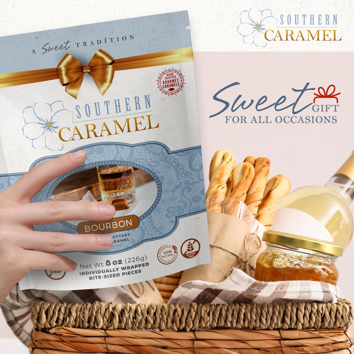 Southern Caramel Spirit-Inspired Flavor Caramels, Soft Buttery Gourmet Caramel Candy Infused With Smooth, Top-Shelf Spirit-Inspired Flavor, Handcrafted, Small Batch, Gluten Free, No Corn Syrup, Wrapped, Gift Ready Pieces, 8 Oz (Pack Of 1)