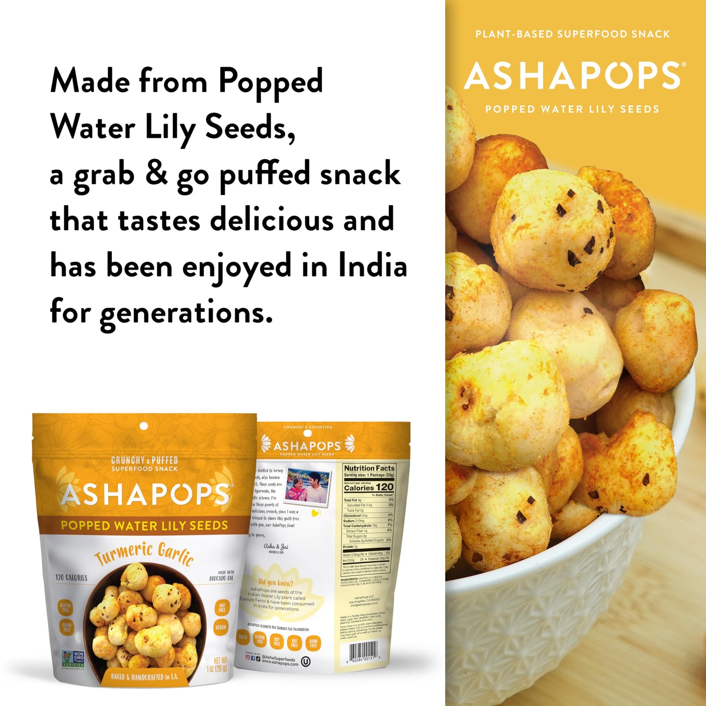 AshaPops Turmeric Garlic Flavored Popped Water Lily Seeds, 1 oz (Pack of 6) - Gluten-Free, Vegan, Paleo, Nut-Free, Corn-Free, So