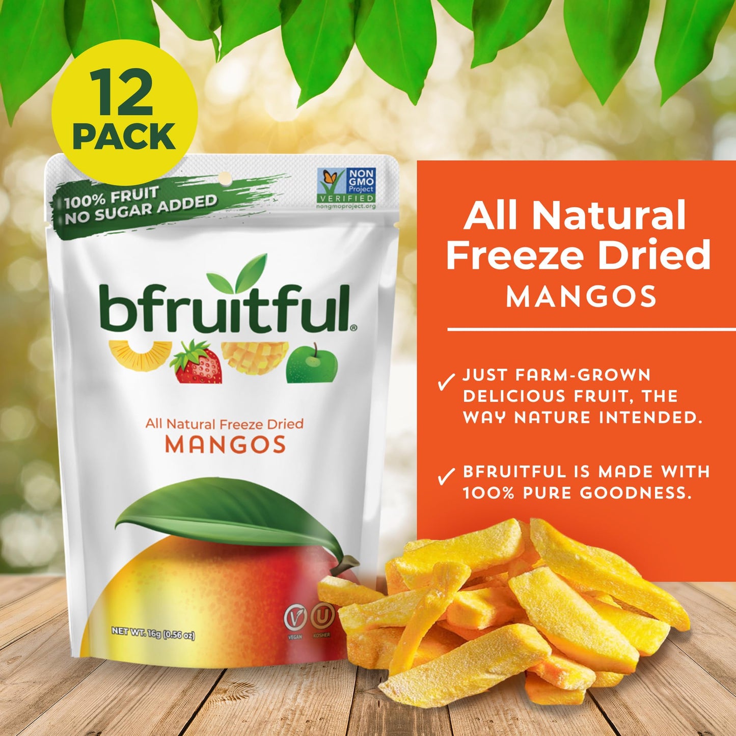 Bfruitful Freeze-Dried Mango, Freeze Dried Fresh Fruit Bites, Gluten Free, Vegan, Dairy Free, Kosher, No Sugar Added, Non Gmo, H