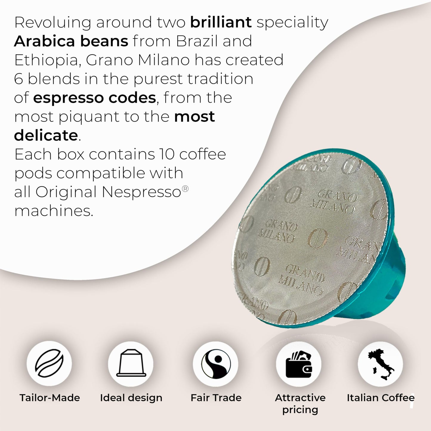 Grano Milano Espresso Pods - 50 Count, Compatible with Nespresso Original, Medium Roast, Intensity 10/12, Made in Italy