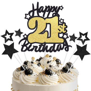 Happy 21st Birthday Cake Topper, Black and Gold Glitter Cake Toppers, 21 Year Birthday Party Cake Decoration