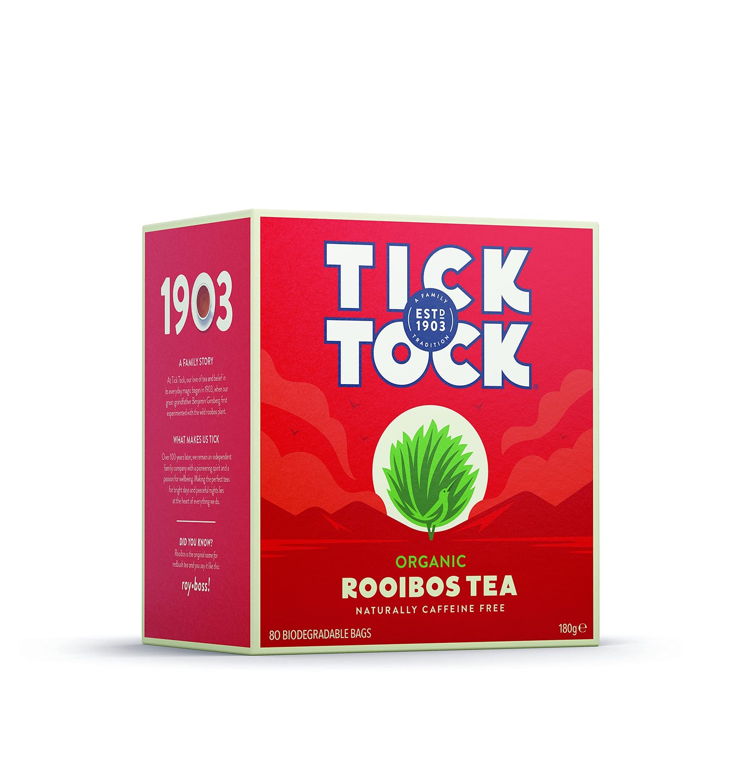 Tick Tock Organic Rooibos Tea Bags, Original Flavor, Pack of 4 (80 Bags Each), Red