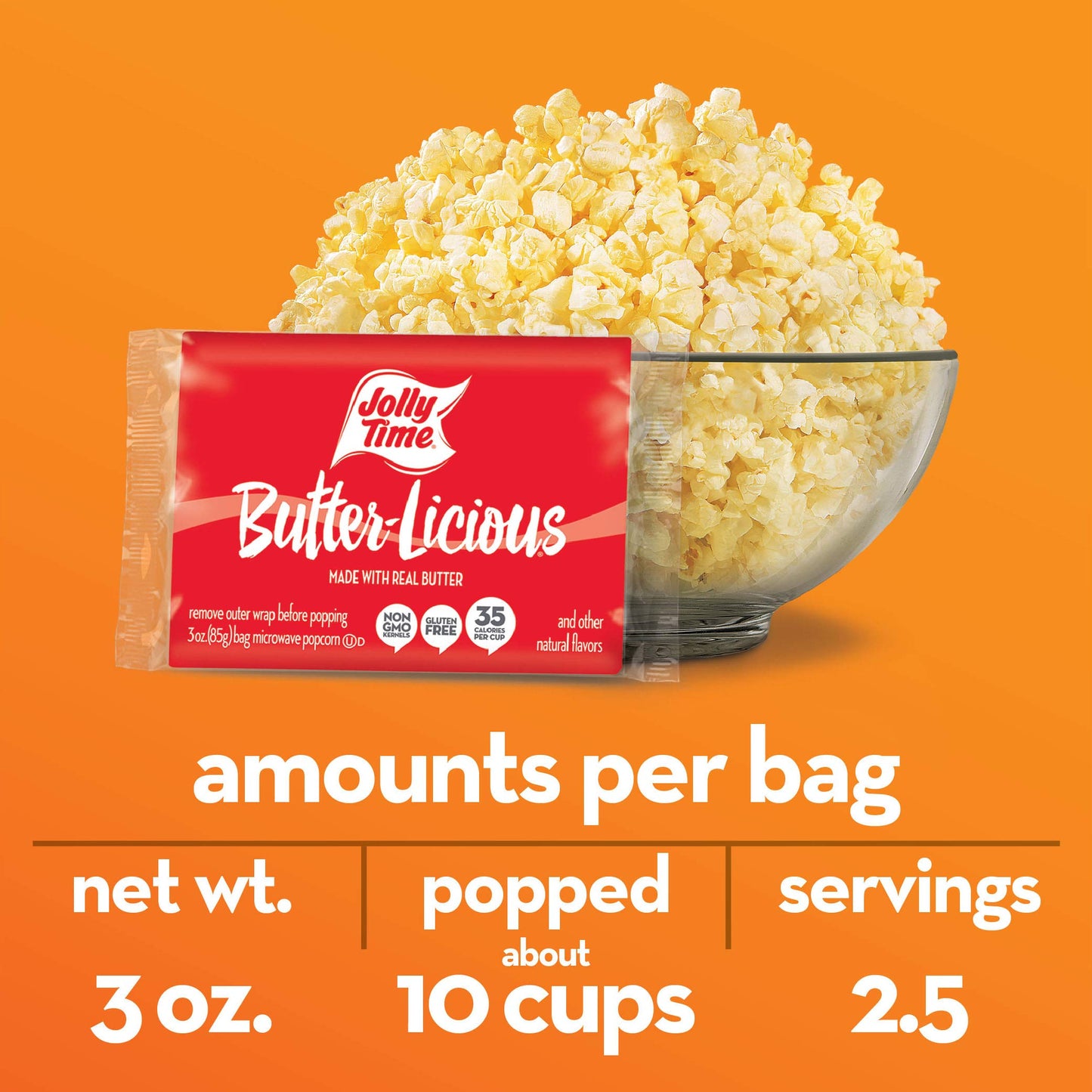 Jolly Time Microwave Popcorn Snack, Butter-Licious Flavor, Gluten Free, 3 Ounce (Pack of 24)