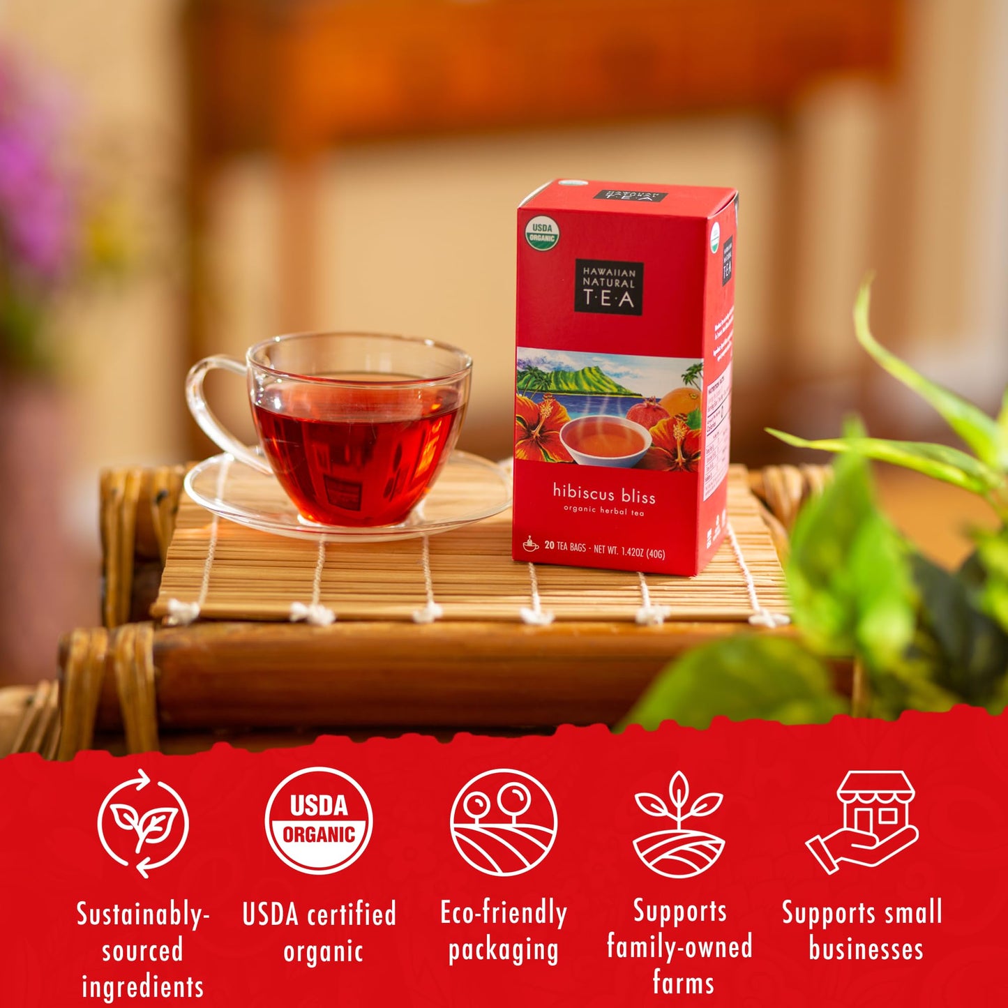 HAWAIIAN NATURAL T·E·A Organic Hibiscus Bliss Herbal Tea, Caffeine-Free, 20 Bags