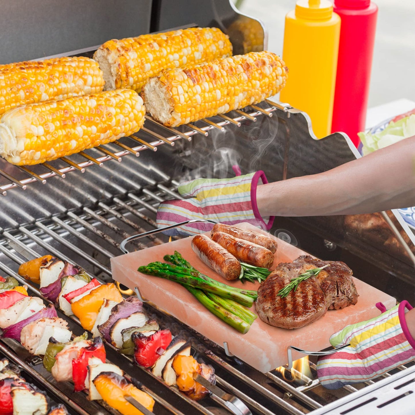 DOBADN Himalayan Salt Block Cooking Plate with Metal Support, Food Grade Rock Salt Slab Stone 12  X 8  X 1.5  for Grilling, Cook