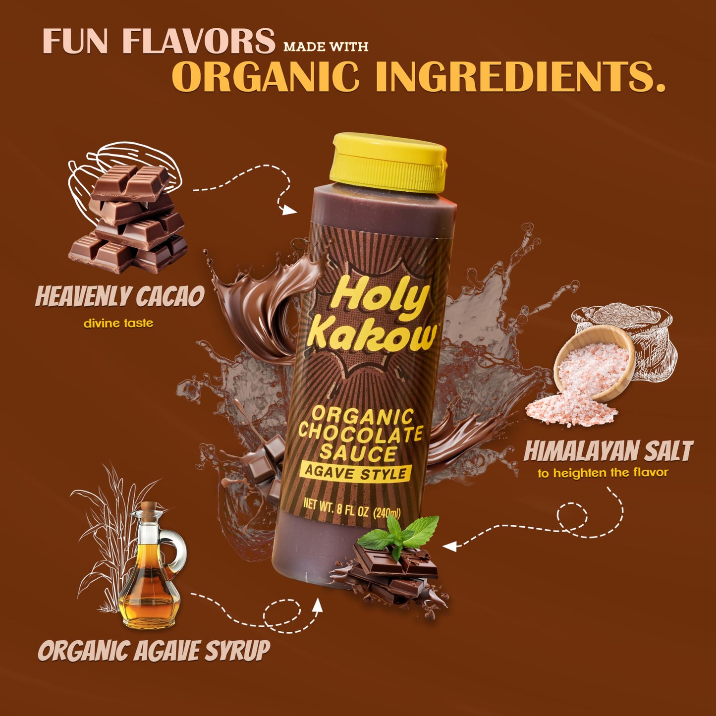 Holy Kakow Organic Chocolate Sauce - Chocolate Syrup, Organic, Sugar Free, Sweetened With Agave, Real Food Ingredients, Specific Flavor - 8Oz, 1-Pack