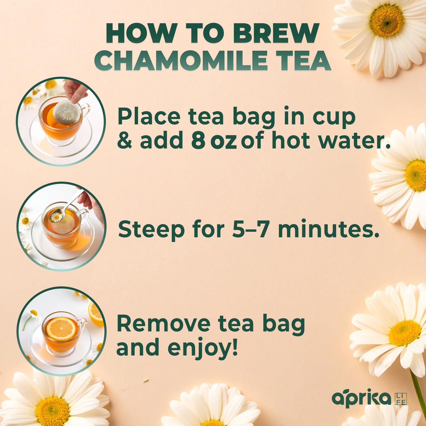 Aprika Life Chamomile Tea Bags - 100% Pure Flowers, Caffeine Free, 60 Count