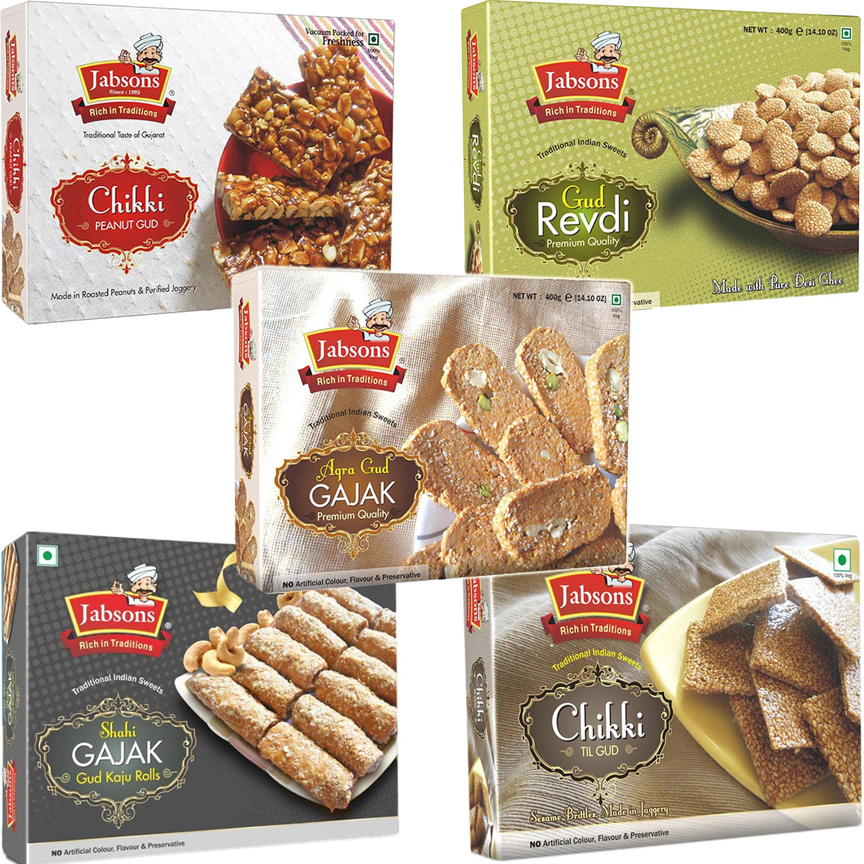 Jabsons - 5 Assorted Traditional Sweet Combo (Chikki Til Gud, Agra Gud Gajak, Gud Kaju Roll, Gud Revdi, Chikki Peanut Gud), 400G