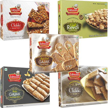 Jabsons - 5 Assorted Traditional Sweet Combo (Chikki Til Gud, Agra Gud Gajak, Gud Kaju Roll, Gud Revdi, Chikki Peanut Gud), 400G