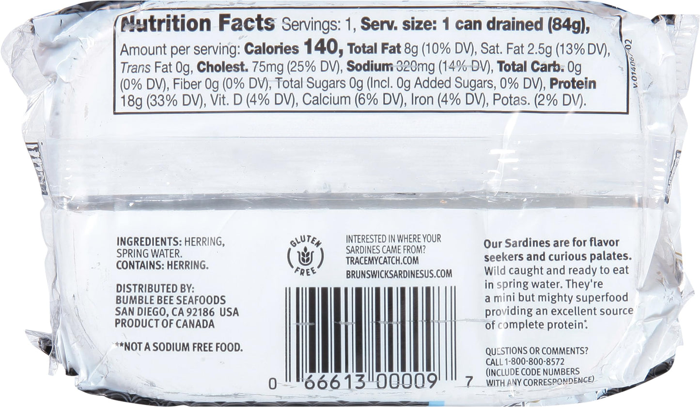 Brunswick Sardine Fillets In Water, 3.75 Oz Can (Pack Of 12) - Wild Caught Sardines In Spring Water- 18G Protein Per Serving - Gluten Free, Keto Friendly - Great For Pasta & Seafood Recipes