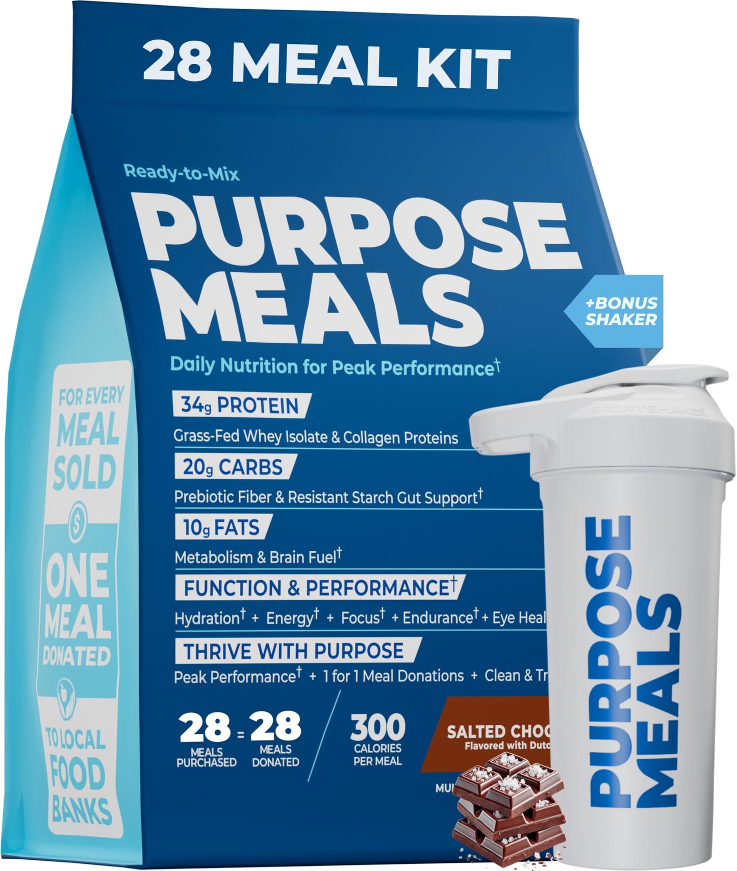Purpose Meals Meal Replacement Shake, Grass Fed Whey Protein, Creatine, Electrolytes, 37.52 oz, Pack of 2, Salted Chocolate