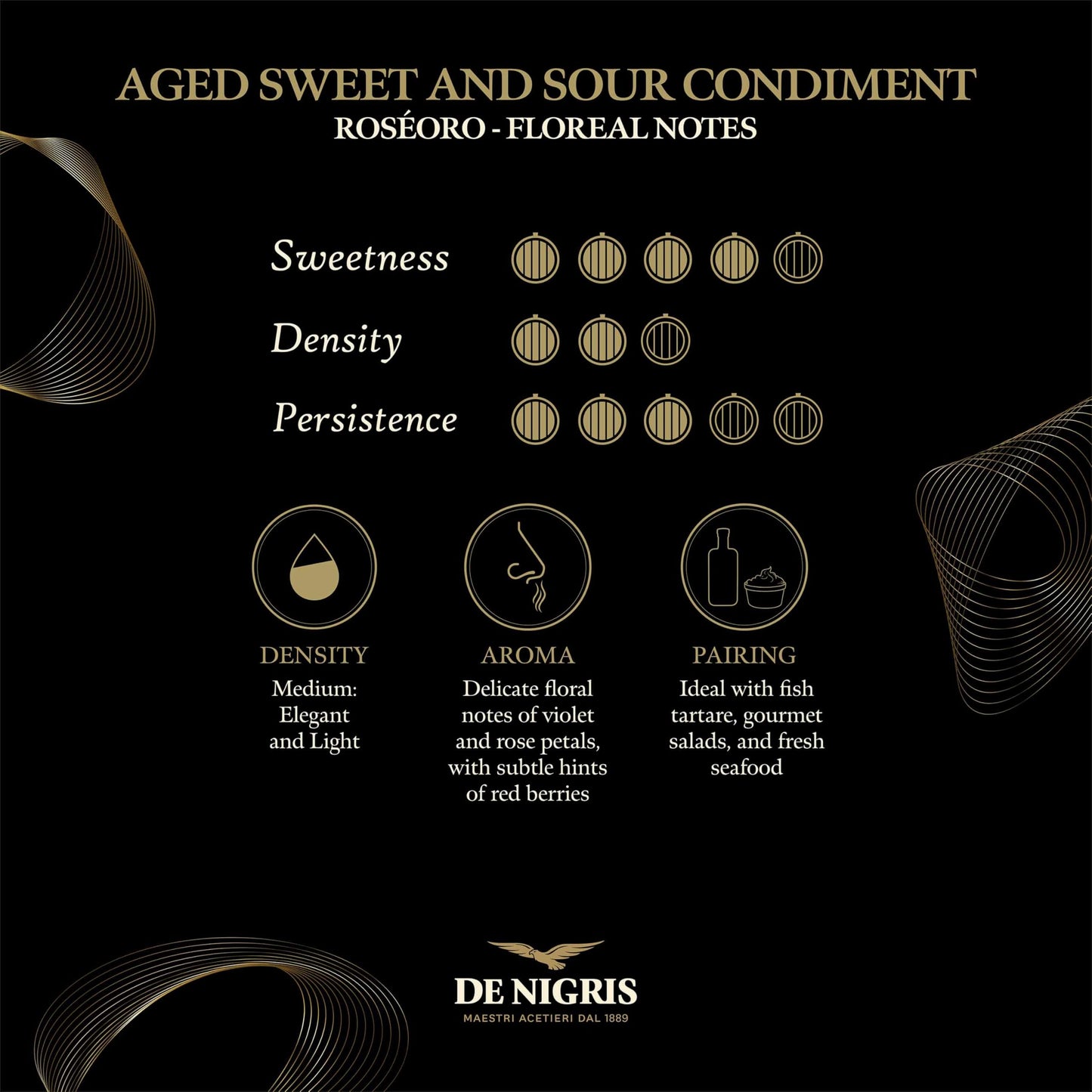 De Nigris Roseoro Sweet Red Wine Vinegar 8.5 Fl Oz (250ml) with Balsamic Vinegar from Modena, Aged Condiment