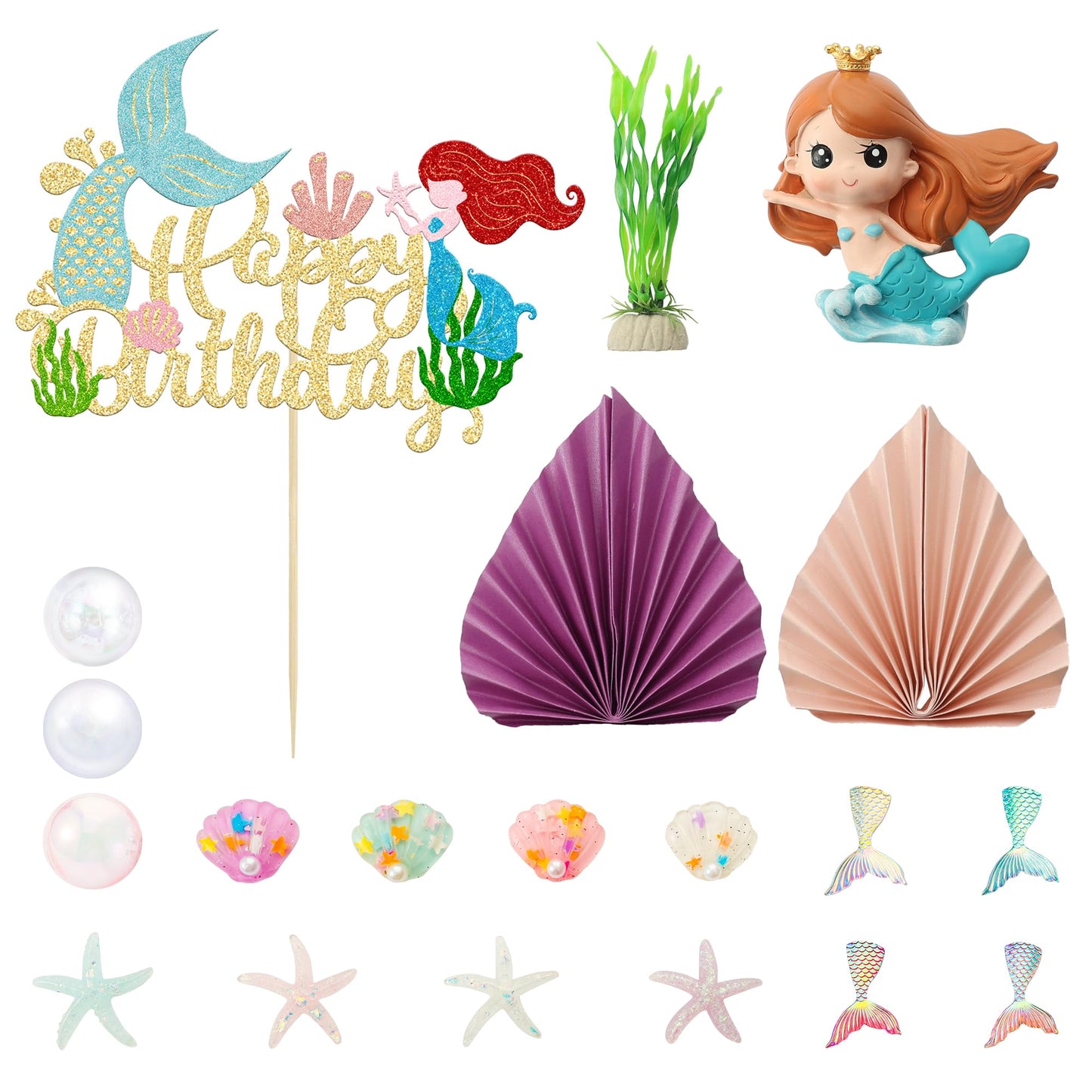 Gyufise 32Pcs 3D Mermaid Under The Sea Cake Toppers Set Mermaid Tail Starfish Seaweed Shell Bubble Palm Leaf Cupcake Picks For U