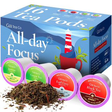 Gya Tea Co All Day Focus Tea Pods Variety Pack - 4 Flavors Tea K Cups for Keurig - Earl Grey, Black Tea, Green Tea & Jasmine Keu