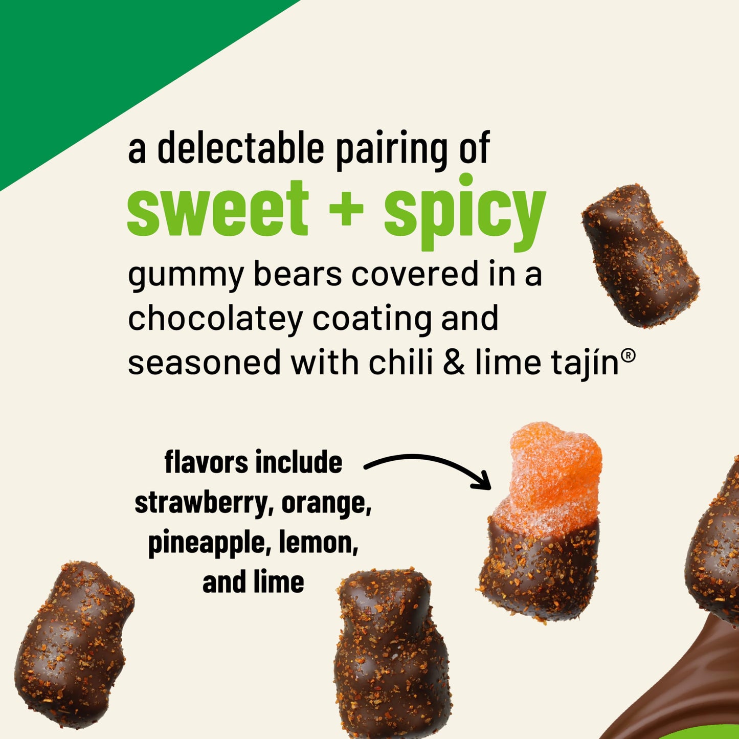 Snak Club Tajin Chocolatey Gummy Bears, Assorted Chocolate Covered Fruit Candy Gummies with Chili and Lime Seasoning, Mild, Glut
