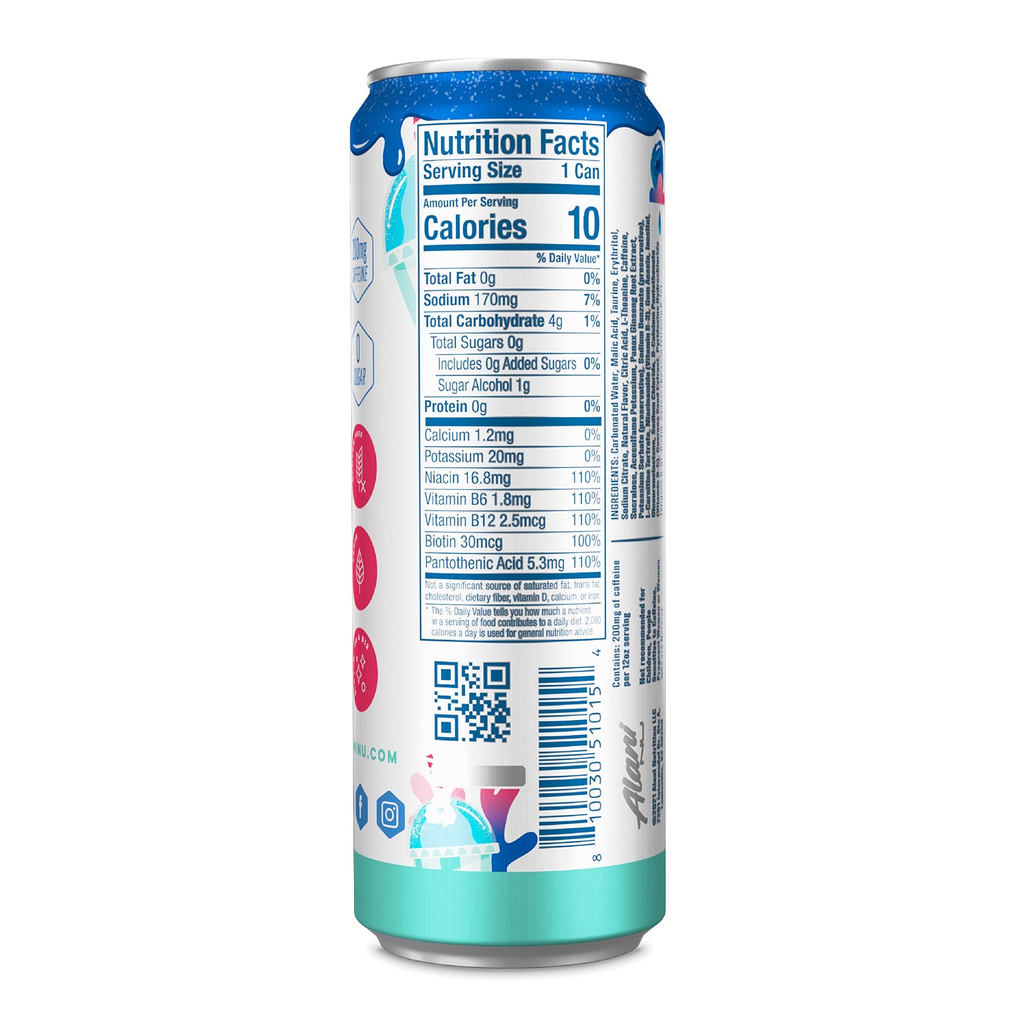 Alani Nu BLUE SLUSH Sugar Free  Low Calorie Energy Drinks | 200mg Caffeine | Pre Workout Performance with Antioxidants | Biotin B Vitamins | Zero Sugar | 10 Calories | 12 Fl Oz Cans (12 Pack)