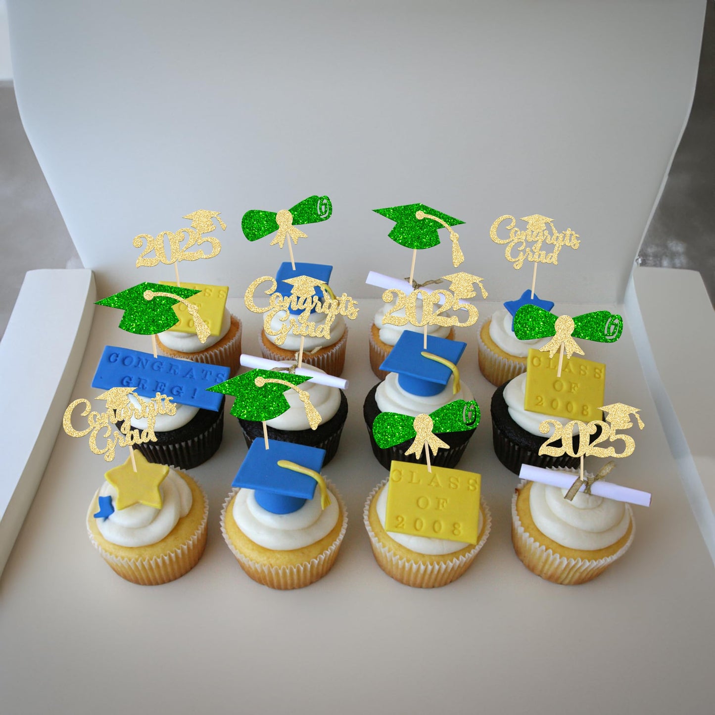 Gyufise 24Pcs 2025 Graduation Theme Cupcake Toppers Glitter Class Of 2025 Cupcake Picks Diploma Graduation Cap Cake Decorations