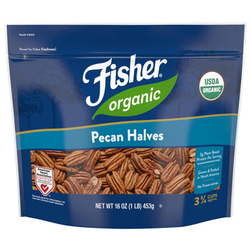 Fisher Organic Pecans Halves 16 oz  USDA Certified Organic  Unsalted Raw Pecans  North American Grown  Non-GMO  No Preservatives  Keto & Paleo Friendly  Heathy Snack for mature-themeds  Resealable Bag