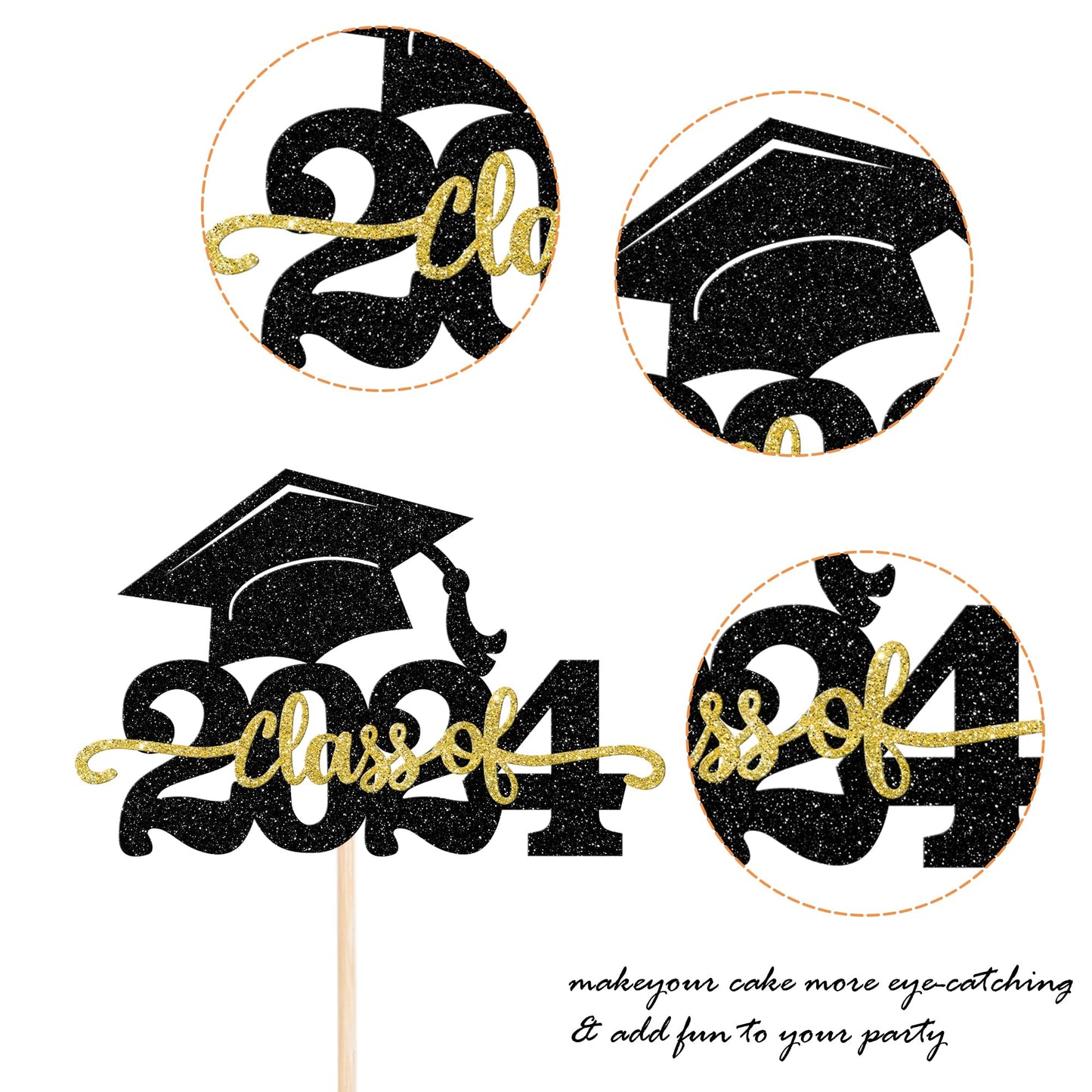 YCTHUNFISH Graduation Cake Topper, Class of 2025, Black Gold, Small Size, Glitter Congrats Grad Cap Decoration