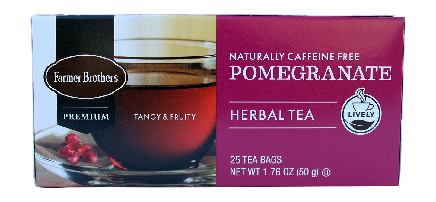 Farmer Brothers Premium Pomegranate Herbal Tea – Caffeine-Free, 25 Individually Wrapped Bags – Soothing Fruit Tea for Relaxation