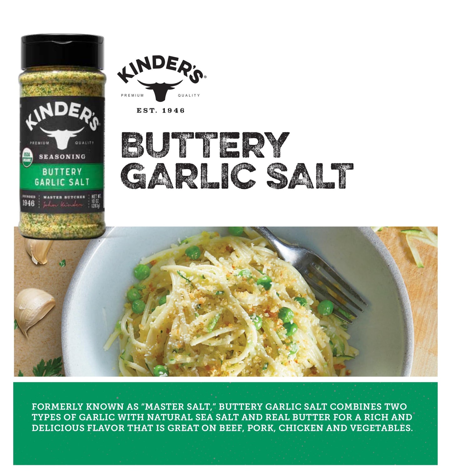 KINDER'S Organic Buttery Garlic Master Salt, 2.75 oz Premium Quality Seasoning, MSG Free, USDA Certified Organic