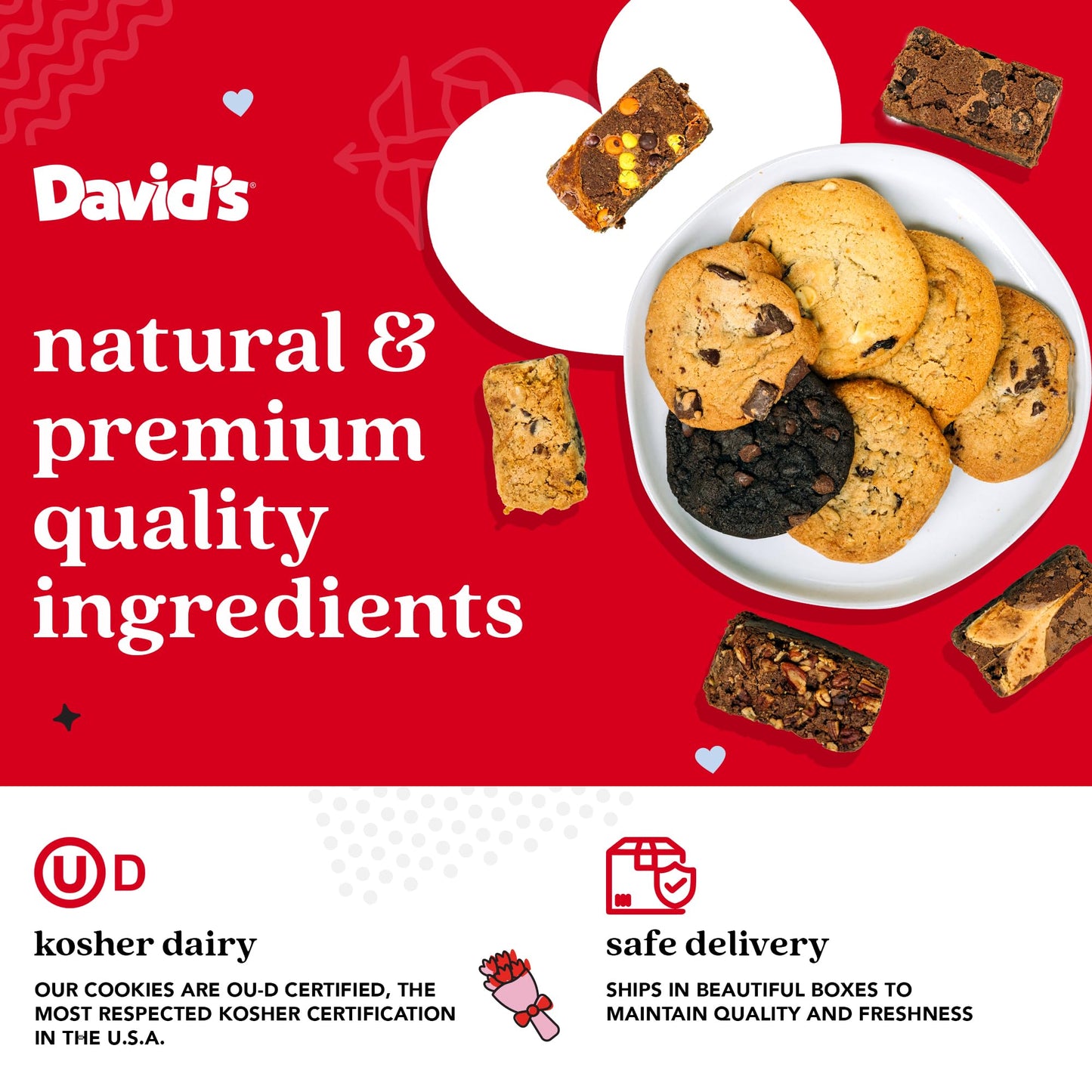 Davids Cookies and Brownies Love Gift Basket - 12 x 1.5oz Assorted Fresh Baked Cookies and 10 x 2oz Individually Wrapped Brownie