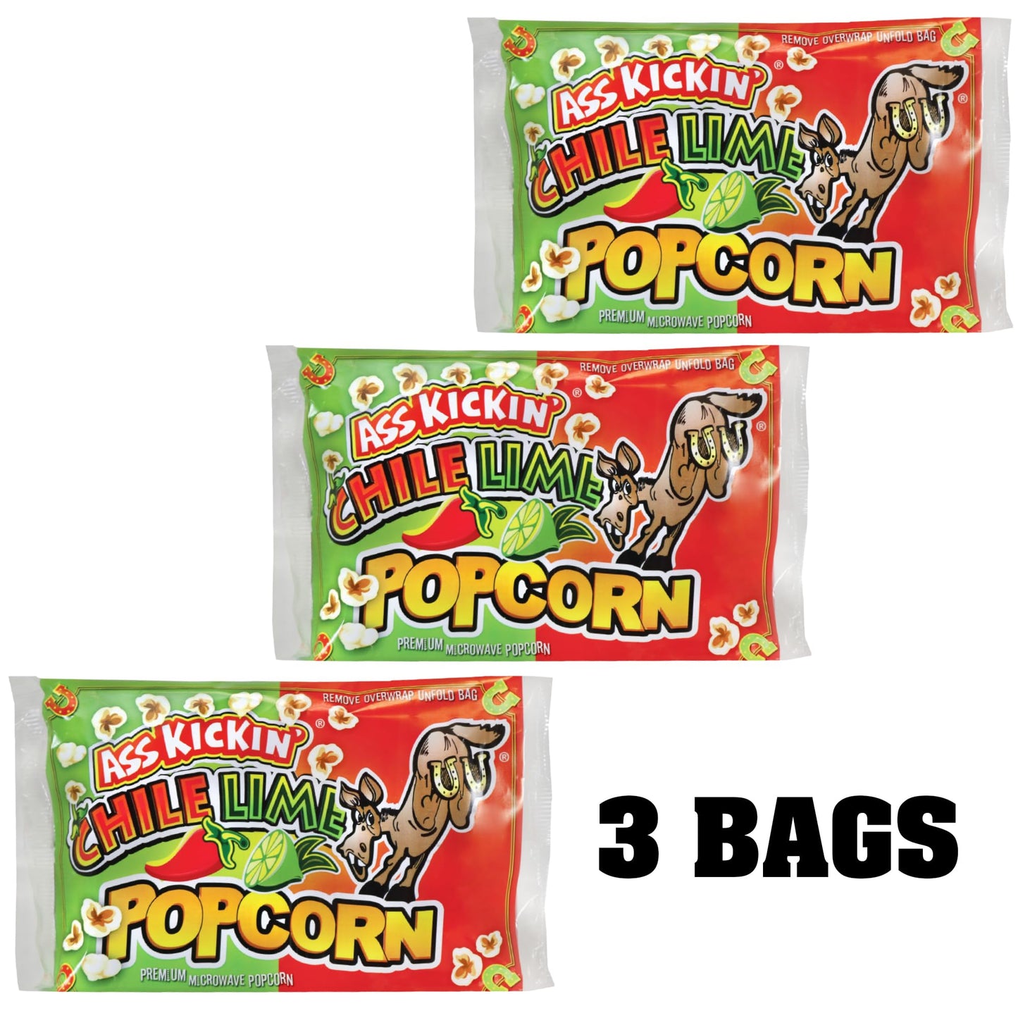 ASS KICKIN Chile Lime Microwave Popcorn - 3.5 oz Bags, 3 Pack - Spicy Gourmet Snack for Movie Night