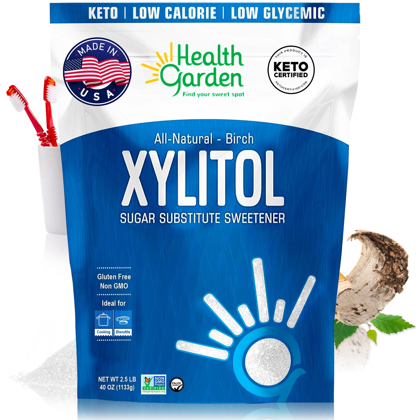 Health Garden Birch Xylitol Sweetener - 2.5 Lb Resealable Bag - Pure Birch Xylitol - Non Gmo, Kosher, And Made In The U.S.A. - Ideal Powdered Sugar Substitute - Non-Gmo Sugar Alternative