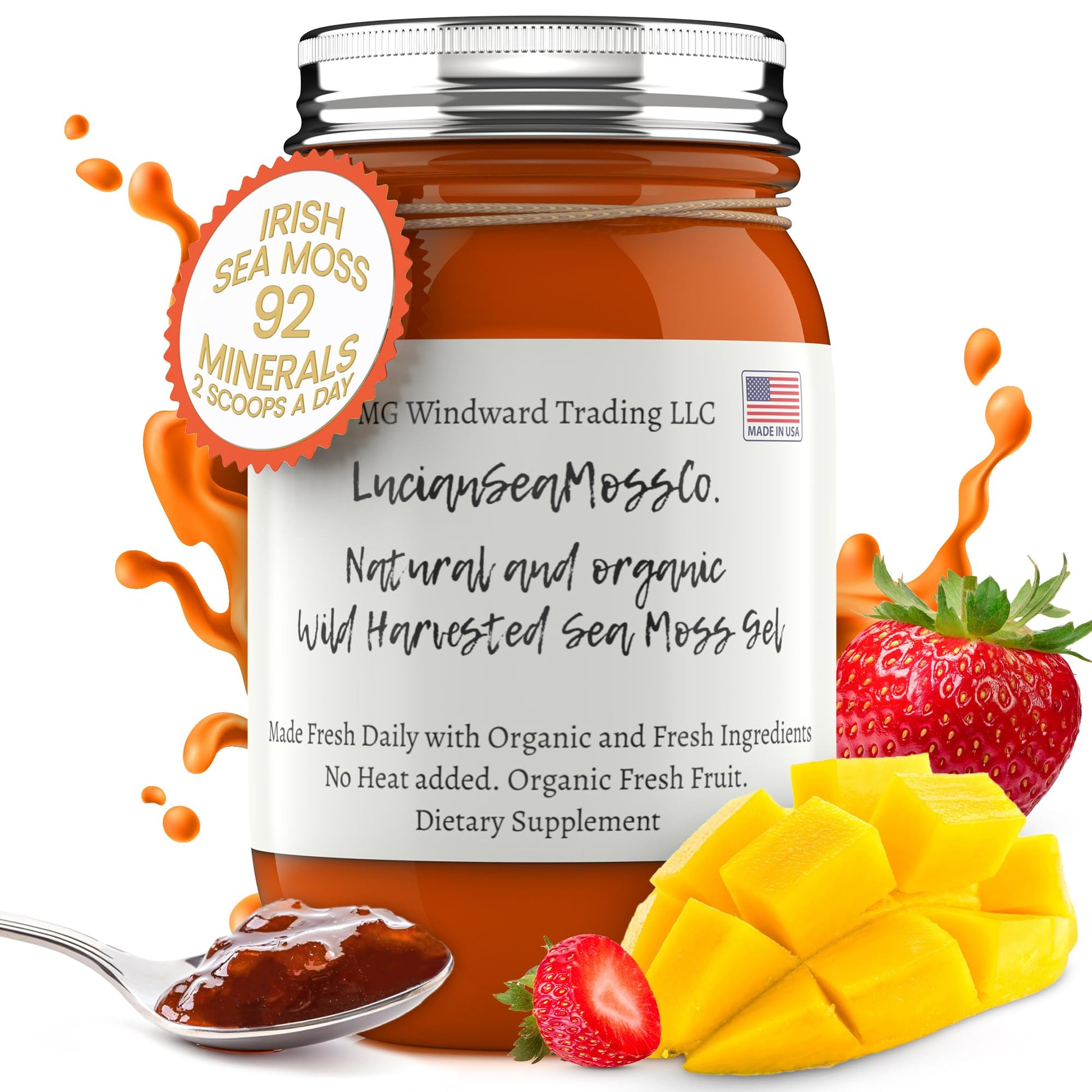 Strawberry Mango Sea Moss Gel Organic Fresh Fruit Infused Wild Harvested Irish Sea Moss Gel | Immune and Digestive Support | Vit
