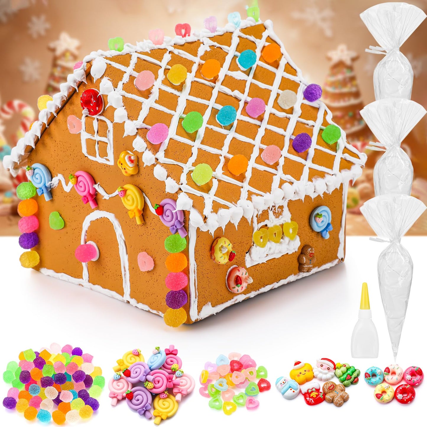 Weysat Large Gingerbread House Kit: 131 Pcs Holiday Cookie Decorating Kit - 8 Inch Easy To Assemble Christmas Gingerbread House Craft Creative Build & Gift For Xmas Diy Fun Party Favor Decor