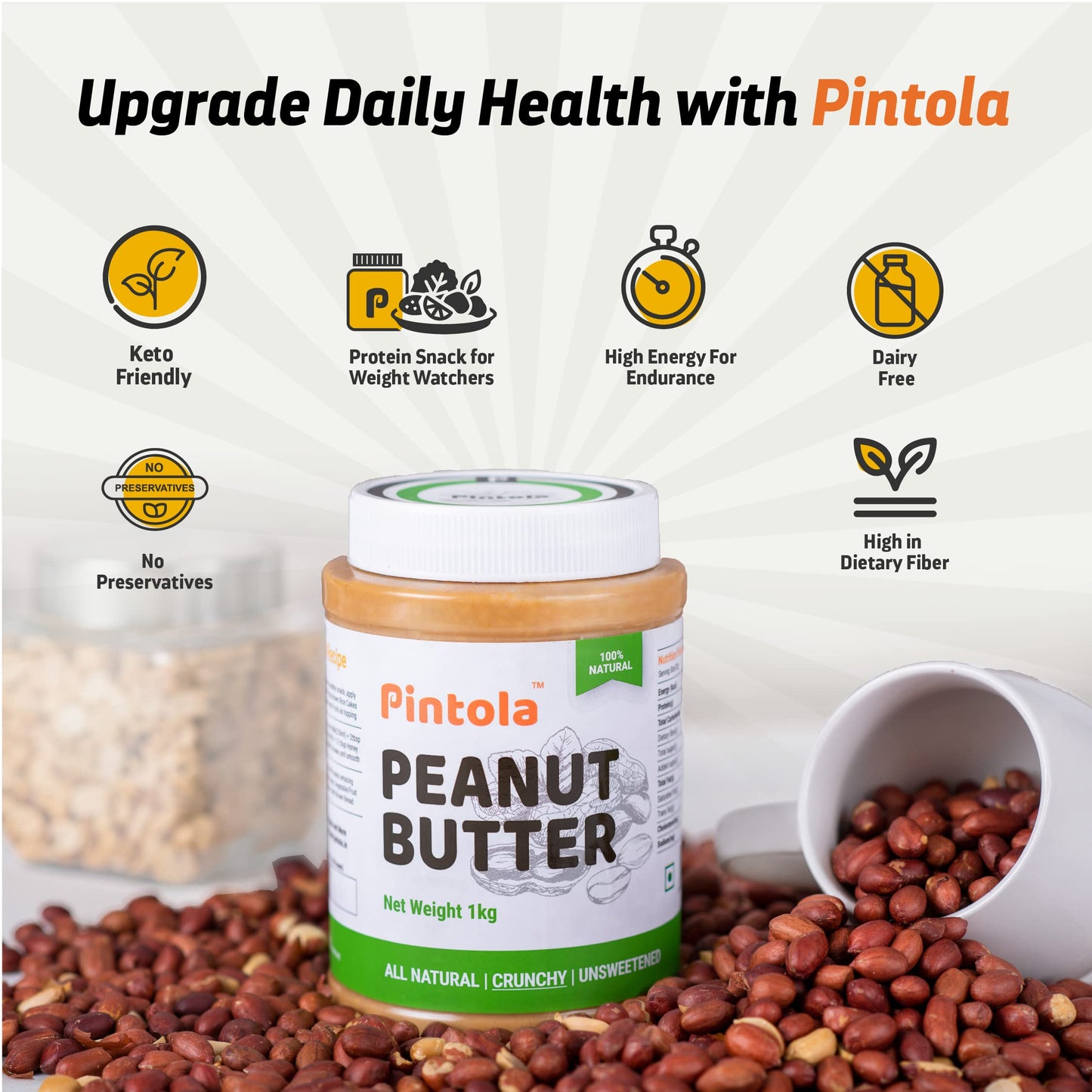 Pintola All Natural Peanut Butter (Creamy) (1Kg (Pack Of 1)) | Unsweetened | 30G Protein | Non Gmo | Gluten Free | Cholesterol Free