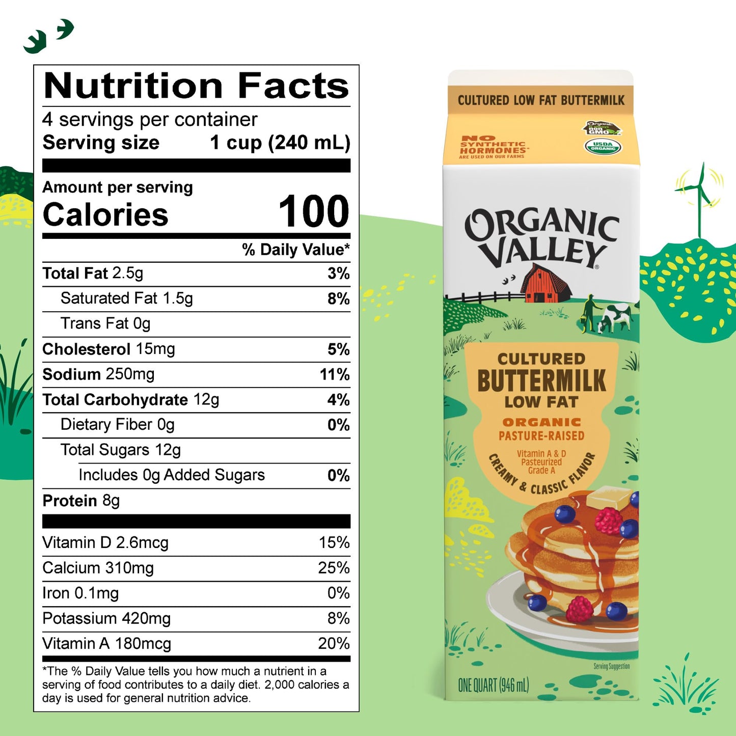 Organic Valley, Organic Low Fat Cultured Buttermilk, Pasteurized, Quart, 32 Ounces