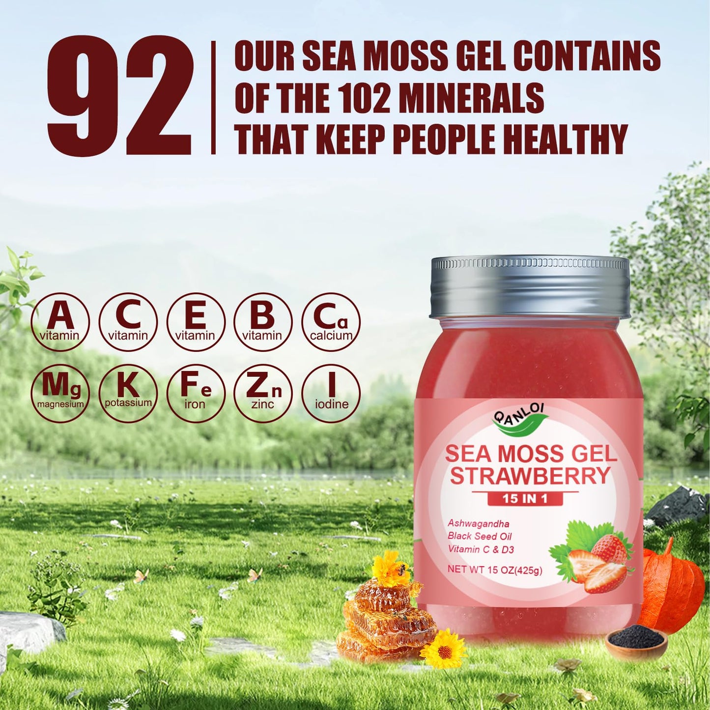 QANLOI 15OZ Strawberry Flavored Sea Moss Gel  15-in-1 Ingredient  Rich in Ashwagandha  Vitamins and Minerals  Promotes Metabolism & Improves Digestion