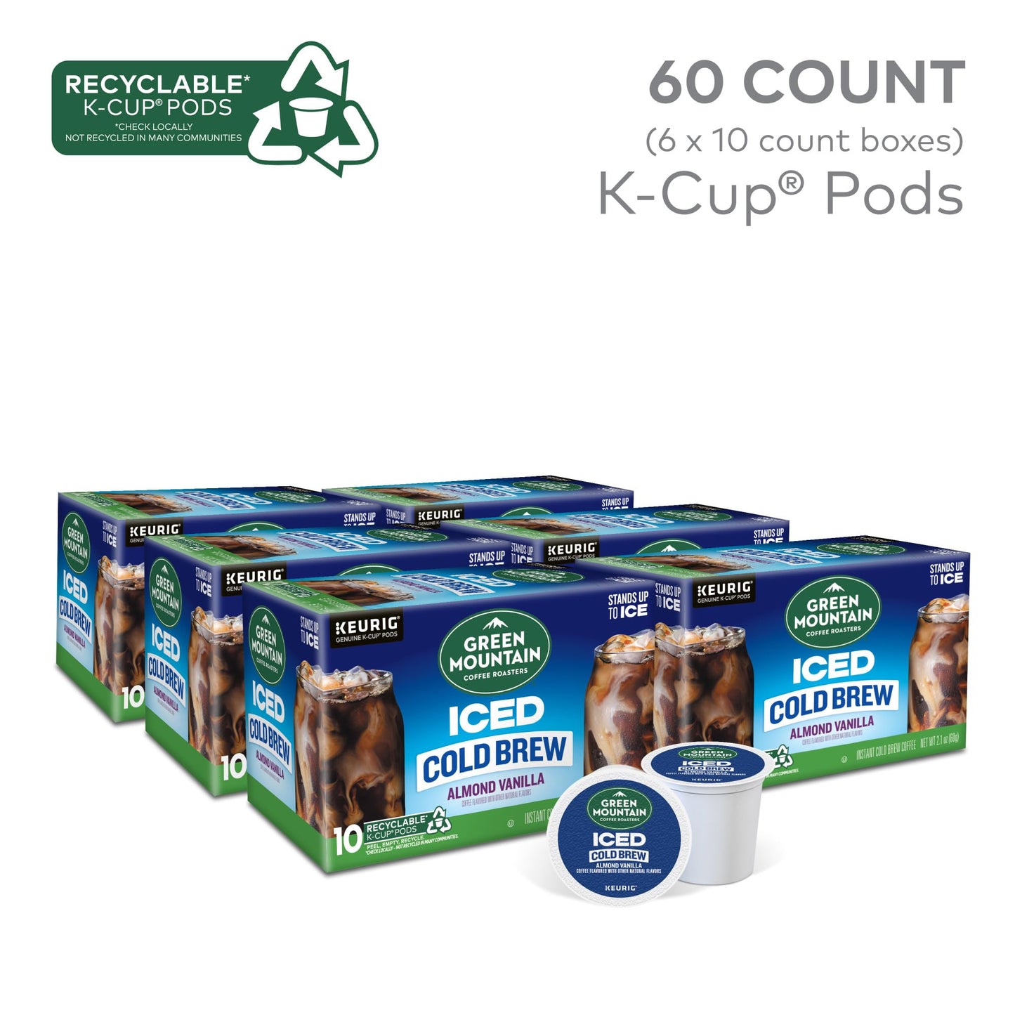 Green Mountain Coffee Roasters Almond Vanilla Iced Cold Brew Coffee, Single Serve Keurig K-Cup Pods, 60-Count Box (6 Packs Of 10