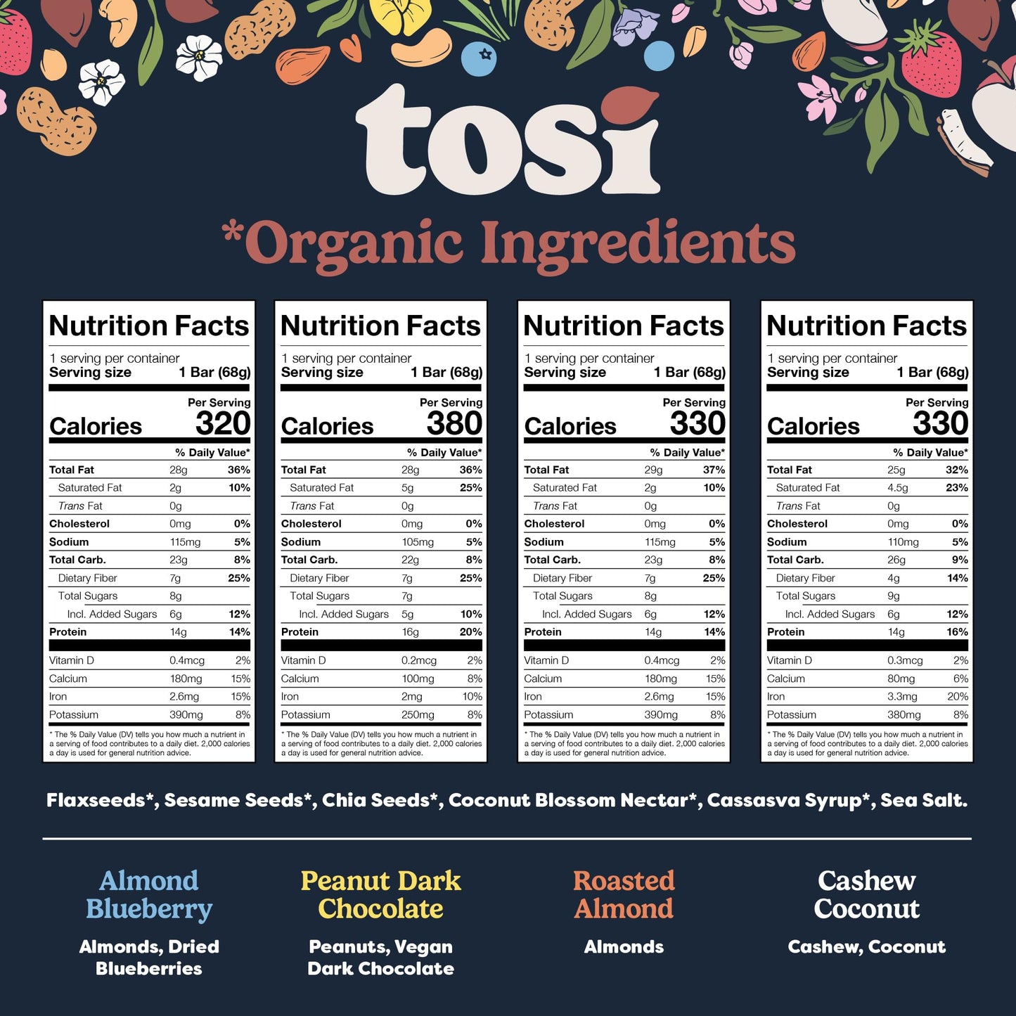Tosi Variety Pack Protein Bars, Plant Based with Nuts, Gluten-Free Crunchy Snacks, Vegan, Organic, Flax & Chia Seeds, Soy-Free,