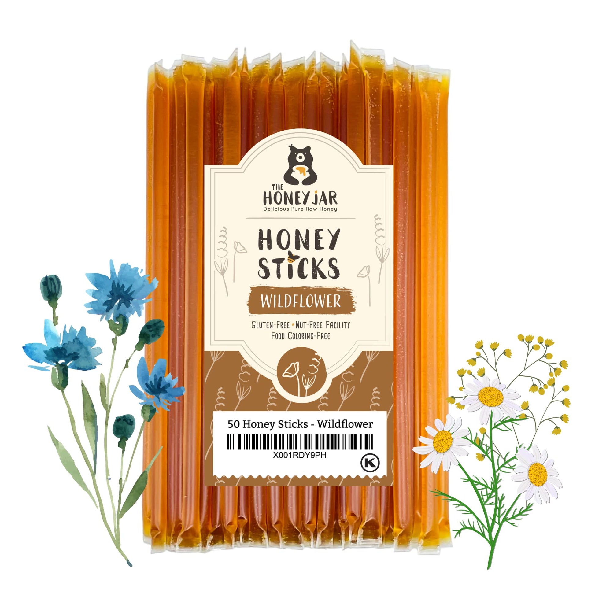 The Honey Jar Wildflower Flavored Raw Honey Sticks - 50 Count Pure Honey Straws for Tea and Coffee