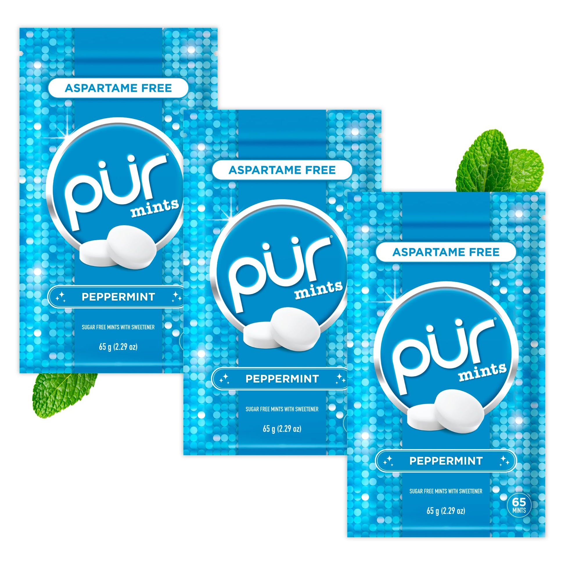 PUR Mints | Aspartame Free Breath Mints | Made with Xylitol | Sugar Free  Vegan  Gluten Free | Natural Peppermint Flavor | 65 Pieces in Re-Sealable pouch (Pack of 3)
