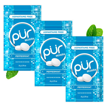 PUR Mints | Aspartame Free Breath Mints | Made with Xylitol | Sugar Free  Vegan  Gluten Free | Natural Peppermint Flavor | 65 Pieces in Re-Sealable pouch (Pack of 3)