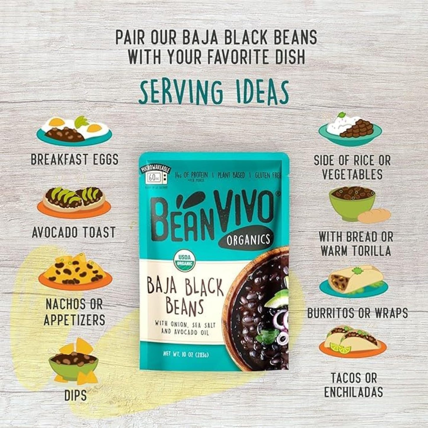 BeanVIVO (Pack of 12) Organics Plant based Protein Baja Black Beans - Good Source of Fiber - Nutritious & Microwave Meals - Glut