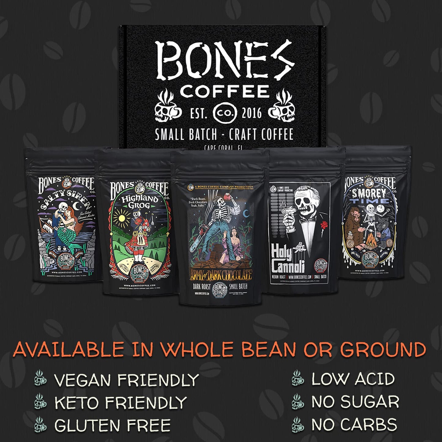 Bones Coffee Company NEW Flavors! Favorite Flavors Sample Pack | 4 oz Pack of 5 Assorted Whole Coffee Beans | Low Acid Medium Ro