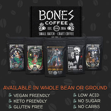Bones Coffee Company NEW Flavors! Favorite Flavors Sample Pack | 4 oz Pack of 5 Assorted Whole Coffee Beans | Low Acid Medium Ro