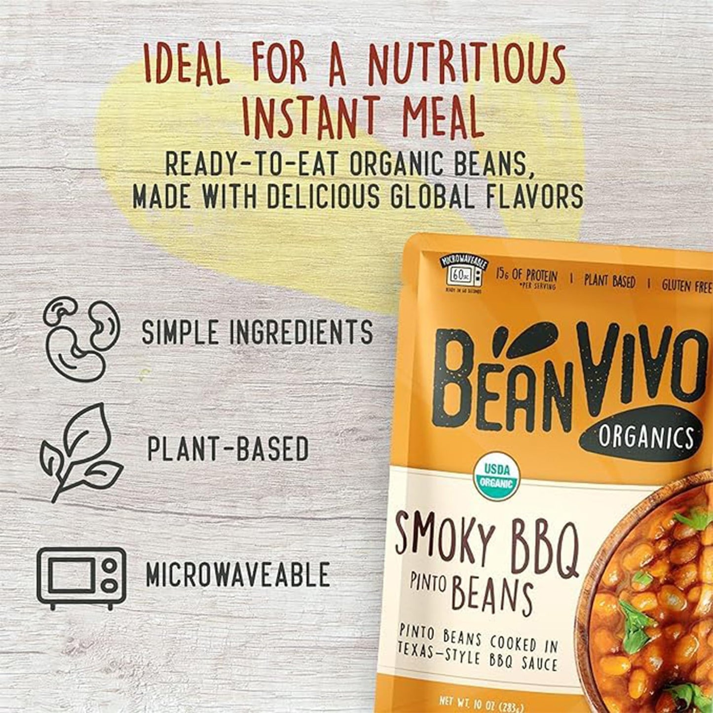 BeanVIVO Organic Plant-Based Protein BBQ Pinto Beans, Gluten-Free, 10 oz (Pack of 3) - Good Source of Fiber, Nutritious Microwave Meals