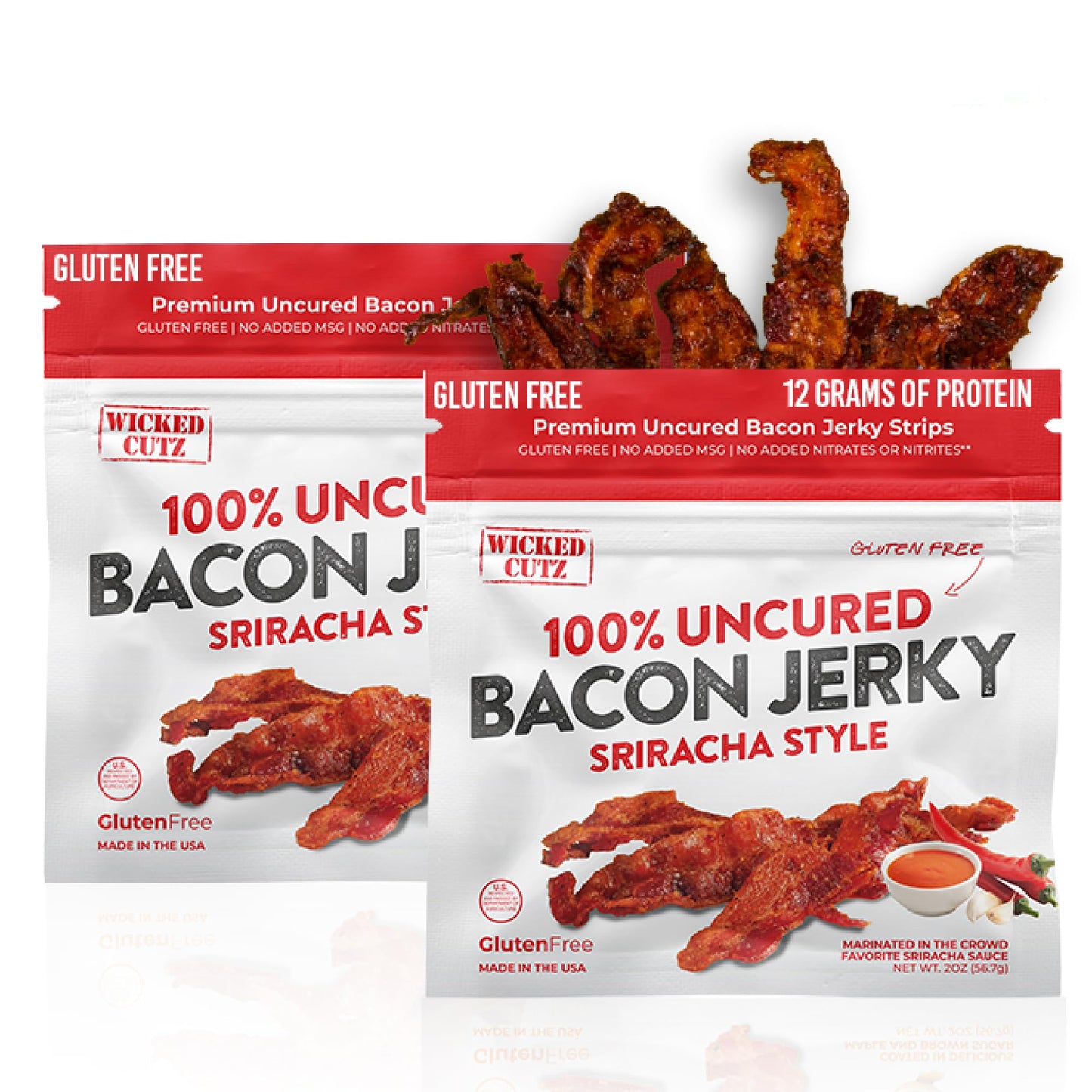 Wicked Cutz Sriracha Flavored Bacon Jerky, 12g Protein Per Bag, Tender & Easy to Chew Fully Cooked Bacon, USA Made High Protein 