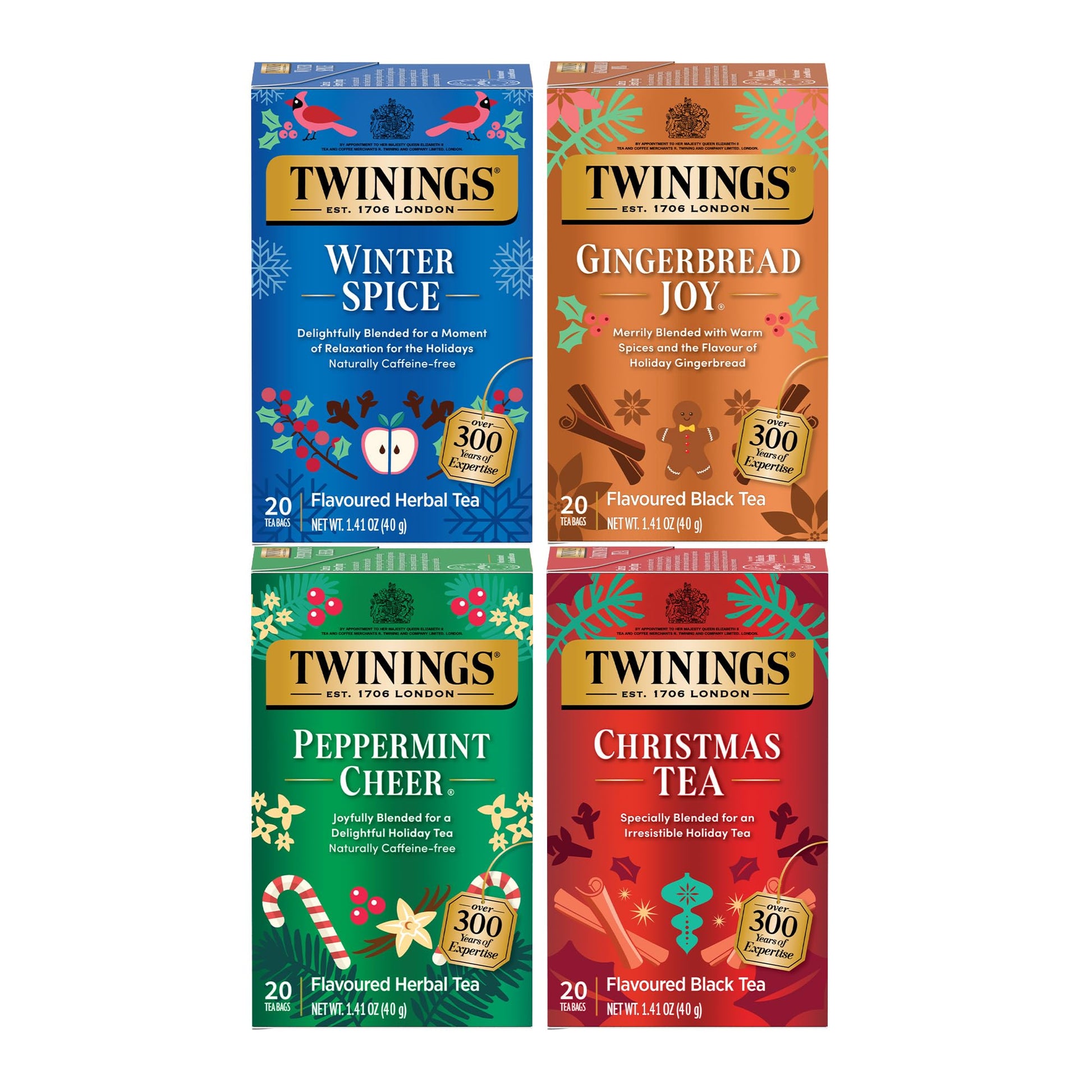 Twinings Holiday Variety Pack Tea Bags, Christmas Tea, Winter Spice, Gingerbread Joy, Peppermint Cheer, 20 Count (Pack of 4), En